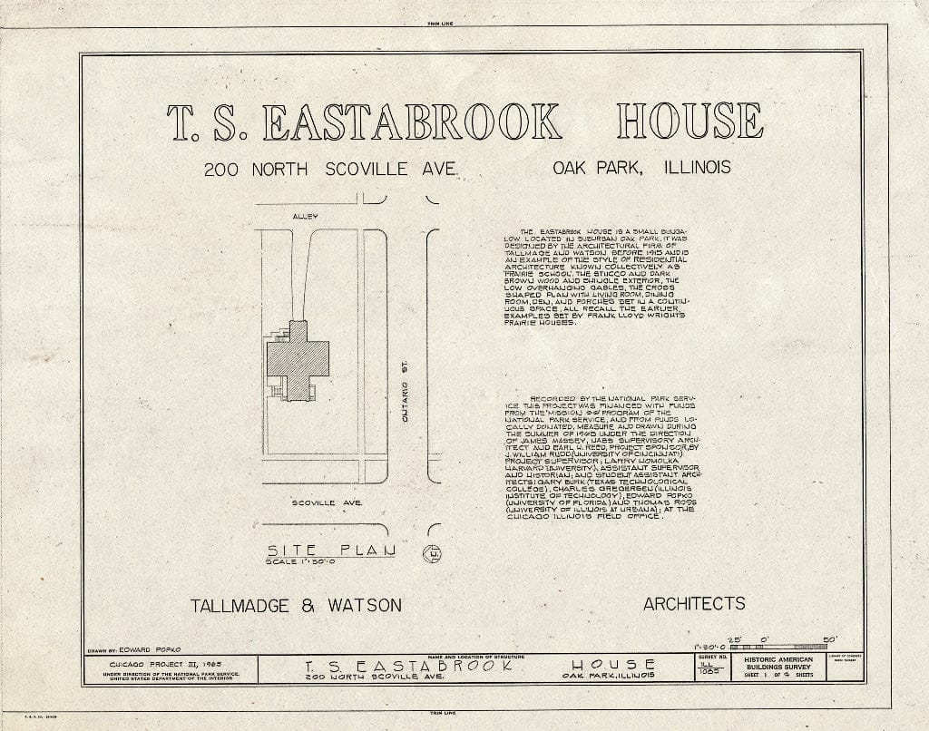 Blueprint HABS Ill,16-OAKPA,2- (Sheet 1 of 4) - T. S. Eastabrook House, 200 North Scoville Street, Oak Park, Cook County, IL