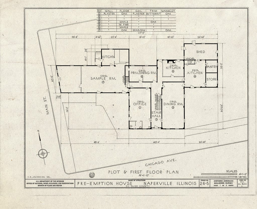 Blueprint HABS Ill,22-NAPVI,1- (Sheet 1 of 6) - Pre-Emption House, Chicago Avenue & Main Street, Naperville, Du Page County, IL