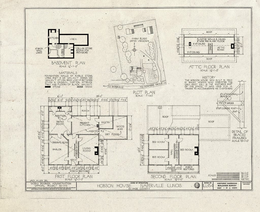Blueprint HABS Ill,22-NAPVI.V,1- (Sheet 1 of 3) - Hobson House, Naperville, Du Page County, IL