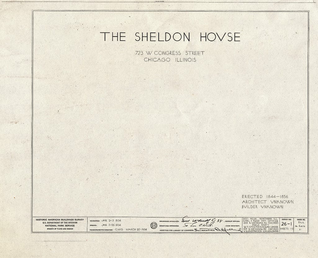 Blueprint HABS Ill,16-CHIG,1- (Sheet 0 of 3) - Daniel H. Sheldon House, 723 West Congress Street, Chicago, Cook County, IL
