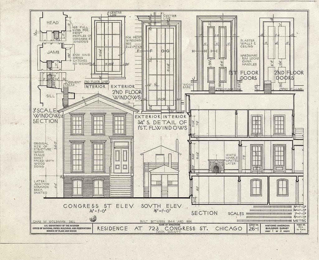Blueprint HABS Ill,16-CHIG,1- (Sheet 1 of 3) - Daniel H. Sheldon House, 723 West Congress Street, Chicago, Cook County, IL