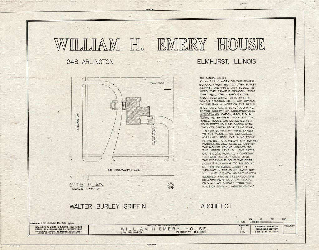 Blueprint HABS Ill,22-ELM,1- (Sheet 1 of 7) - Emery House, 218 Arlington Street, Elmhurst, Du Page County, IL