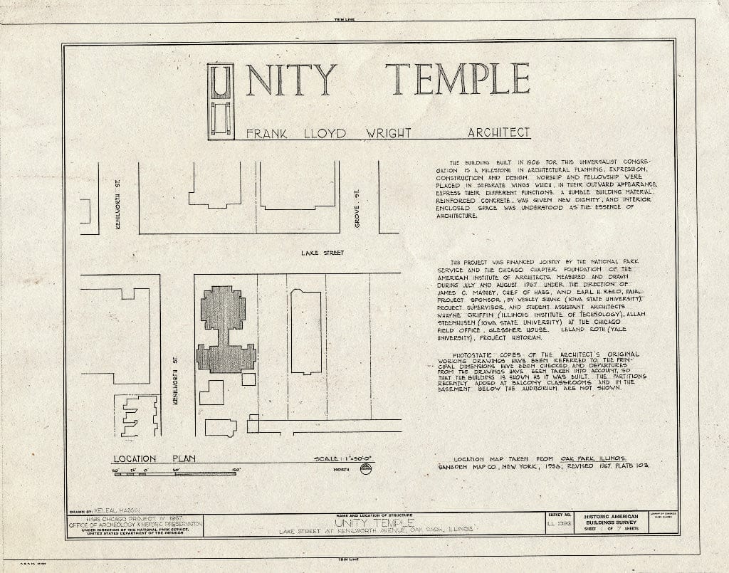 Blueprint HABS Ill,16-OAKPA,3- (Sheet 1 of 7) - Unity Temple, 875 Lake Street, Oak Park, Cook County, IL