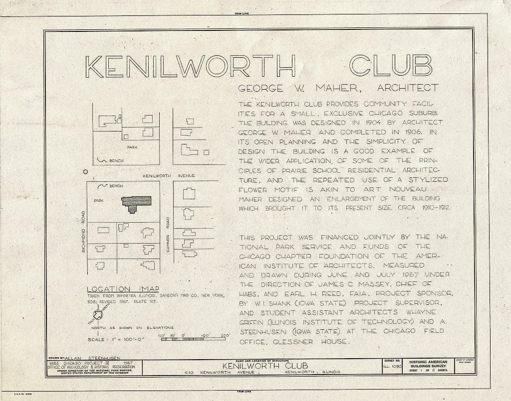 Blueprint HABS Ill,16-KENILL,1- (Sheet 1 of 6) - Kenilworth Club, 10 Kenilworth Avenue, Kenilworth, Cook County, IL