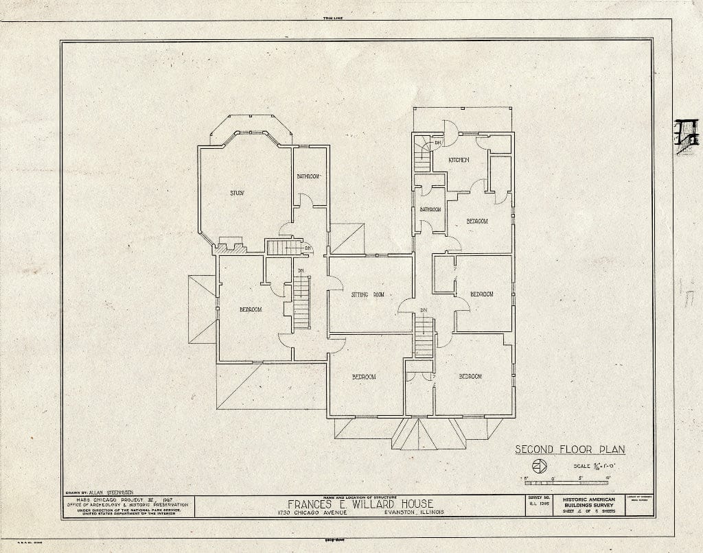 Blueprint Second Floor Plan - Frances E. Willard House, 1730 Chicago Avenue, Evanston, Cook County, IL
