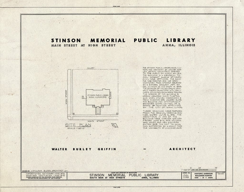 Blueprint HABS Ill,91-Anna,1- (Sheet 1 of 4) - Stinson Memorial Public Library, Main & High Streets, Anna, Union County, IL