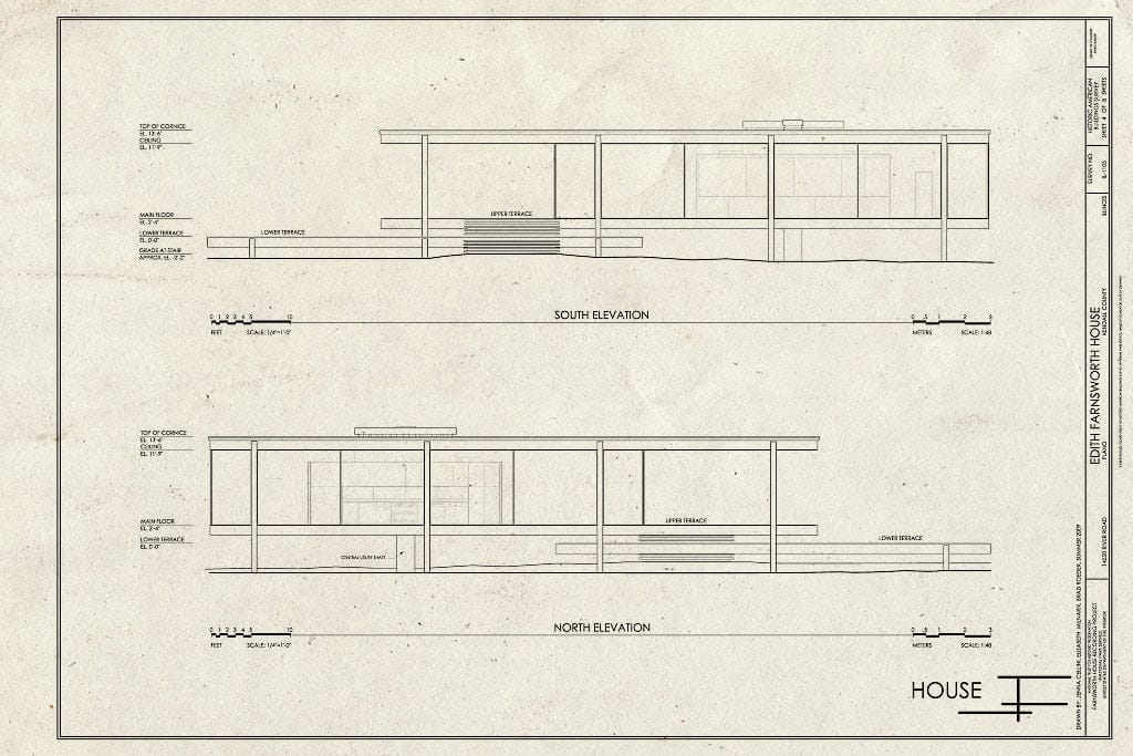 Blueprint South & North Elevations - Edith Farnsworth House, 14520 River Road, Plano, Kendall County, IL