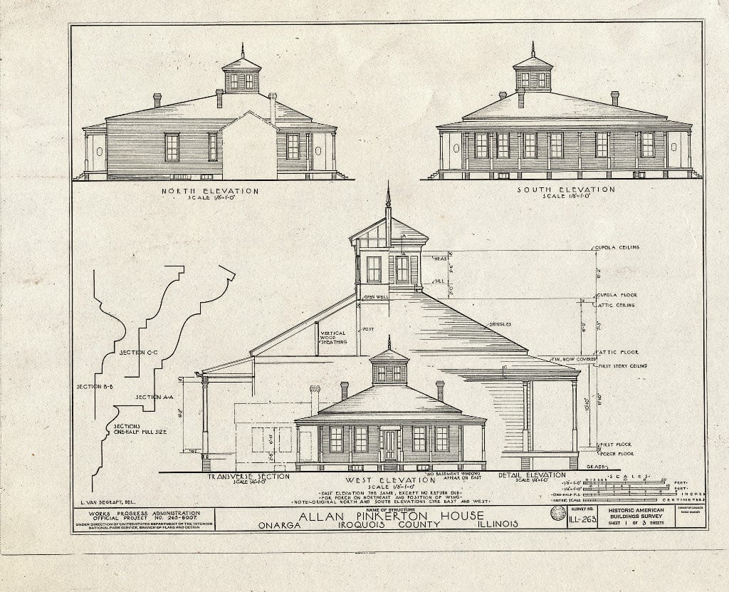 Blueprint HABS Ill,38-ONAR.V,1- (Sheet 1 of 3) - Allan Pinkerton House, Onarga, Iroquois County, IL