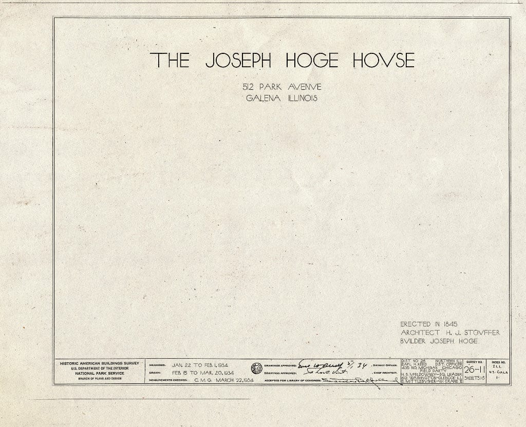 Blueprint HABS Ill,43-Gala,1- (Sheet 0 of 5) - Joseph Hoge House, 512 Park Avenue, Galena, Jo Daviess County, IL
