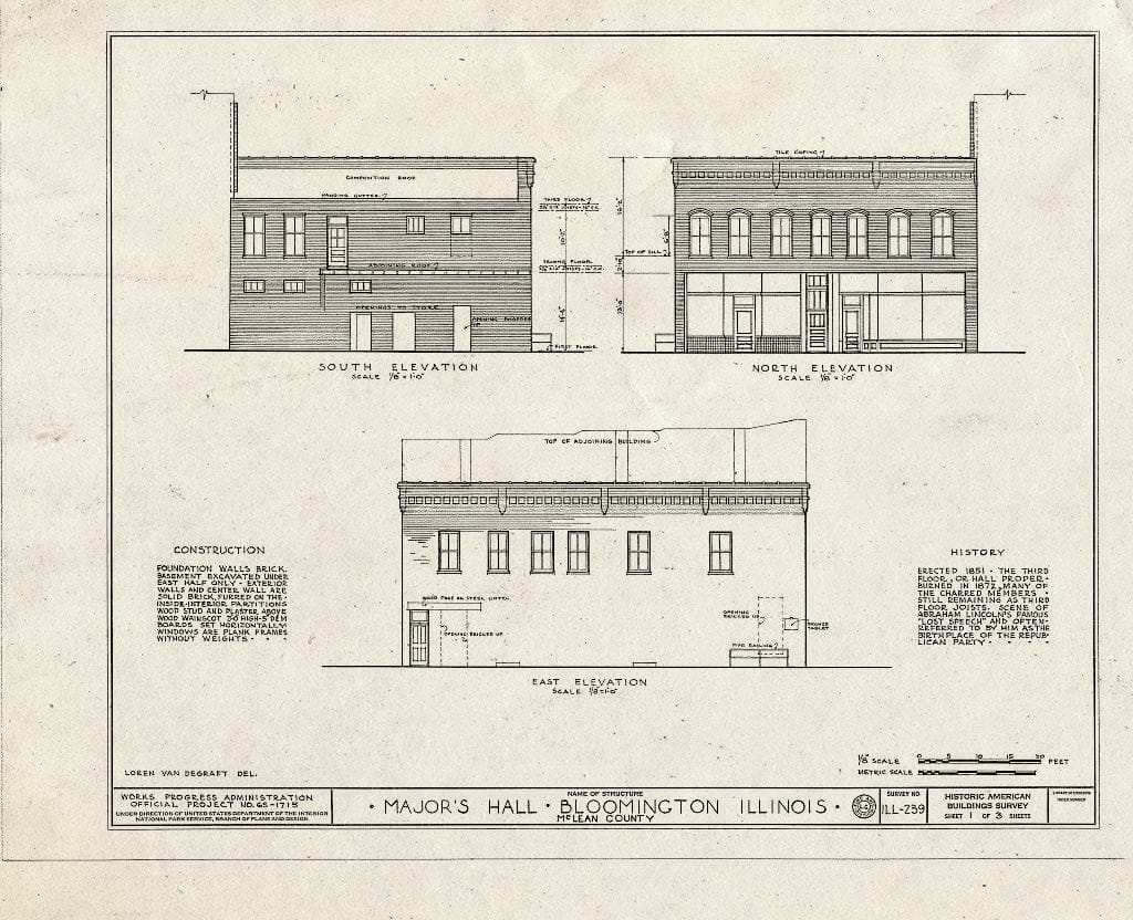 Blueprint HABS Ill,57-Bloom,1- (Sheet 1 of 2) - Major's Hall, 117 East Front Street, Bloomington, McLean County, IL