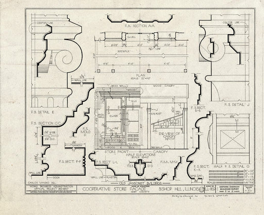 Blueprint 1. Store Front Half Elevation and Details - Jansonist Colony, Cooperative Store, Main & Christina Streets, Bishop Hill, Henry County, IL
