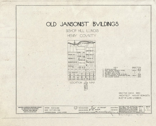 Blueprint 0. Cover Sheet - Jansonist Colony, Steeple Building, Main & Bishop Hill Streets, Bishop Hill, Henry County, IL