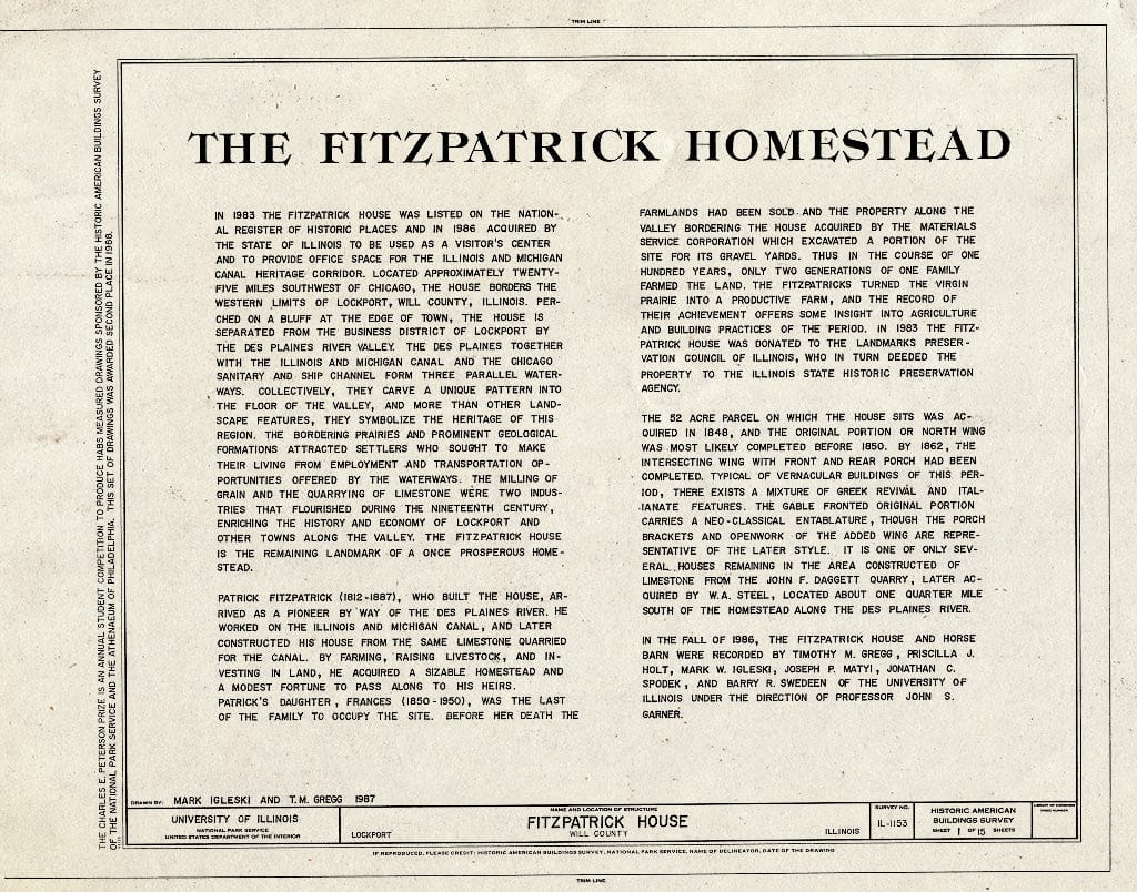 Blueprint HABS Ill,99-Lock,10- (Sheet 1 of 15) - Fitzpatrick House, West boundry of Lockport, 20 Miles Southwest of Chicago, Lockport, Will County, IL