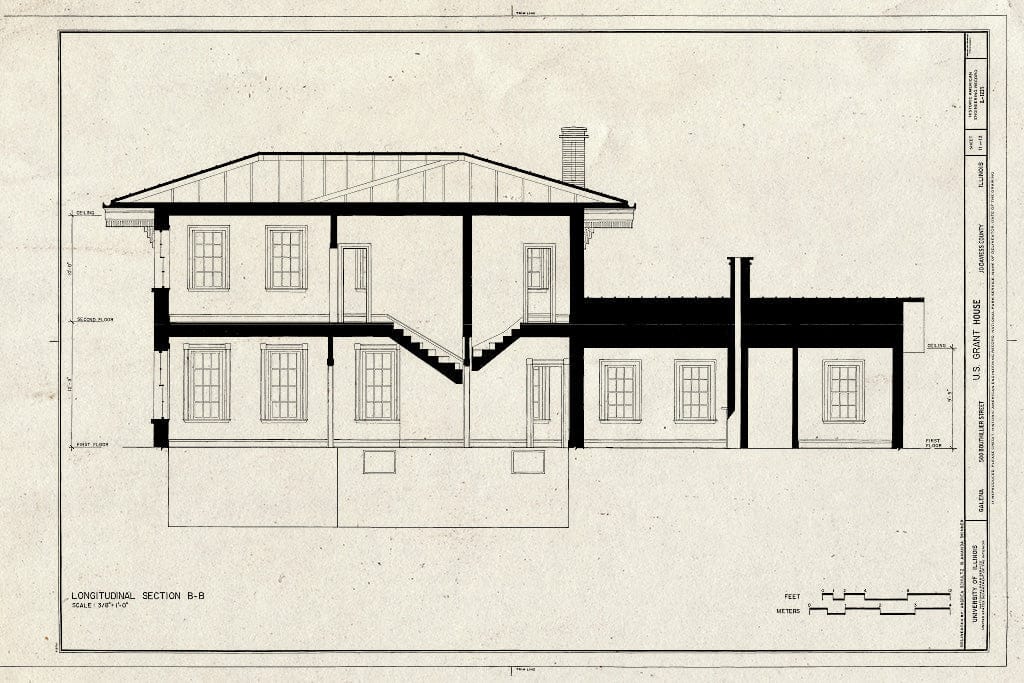 Blueprint Longitudinal Section B-B - U.S. Grant House, Bouthillier & Fourth Street, Galena, Jo Daviess County, IL