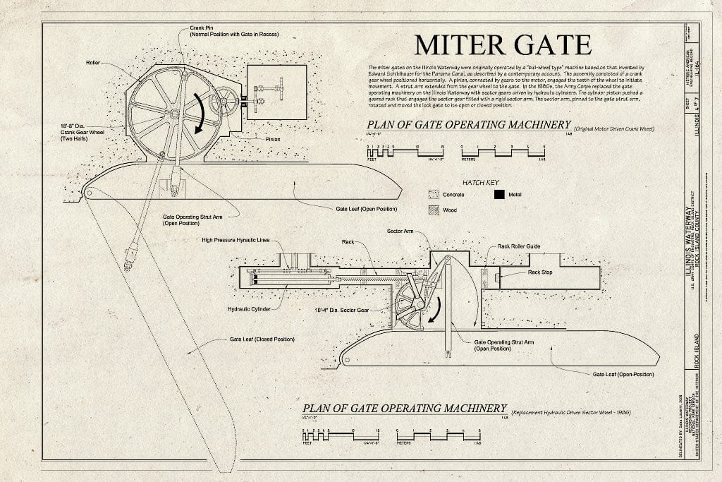 Blueprint Miter Gate - Illinois Waterway, U.S. Army Corps of Engineers, Rock Island District, Rock Island, Rock Island County, IL