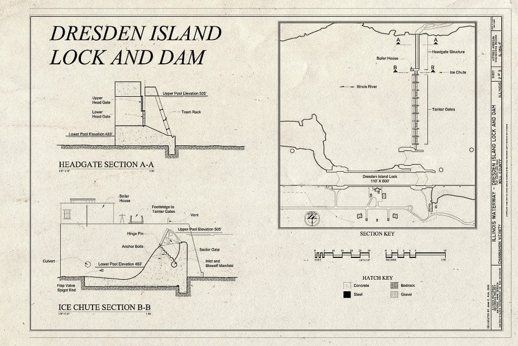 Blueprint Headgate Section AA, Ice Chute Section AA - Illinois Waterway, Dresden Island Lock and Dam, 7521 North Lock Road, Channahon, Will County, IL