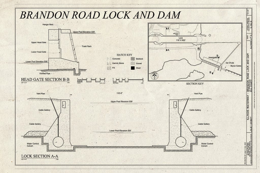 Blueprint Lock Section AA, Head Gate Section BB - Illinois Waterway, Brandon Road Lock and Dam, 1100 Brandon Road, Joliet, Will County, IL