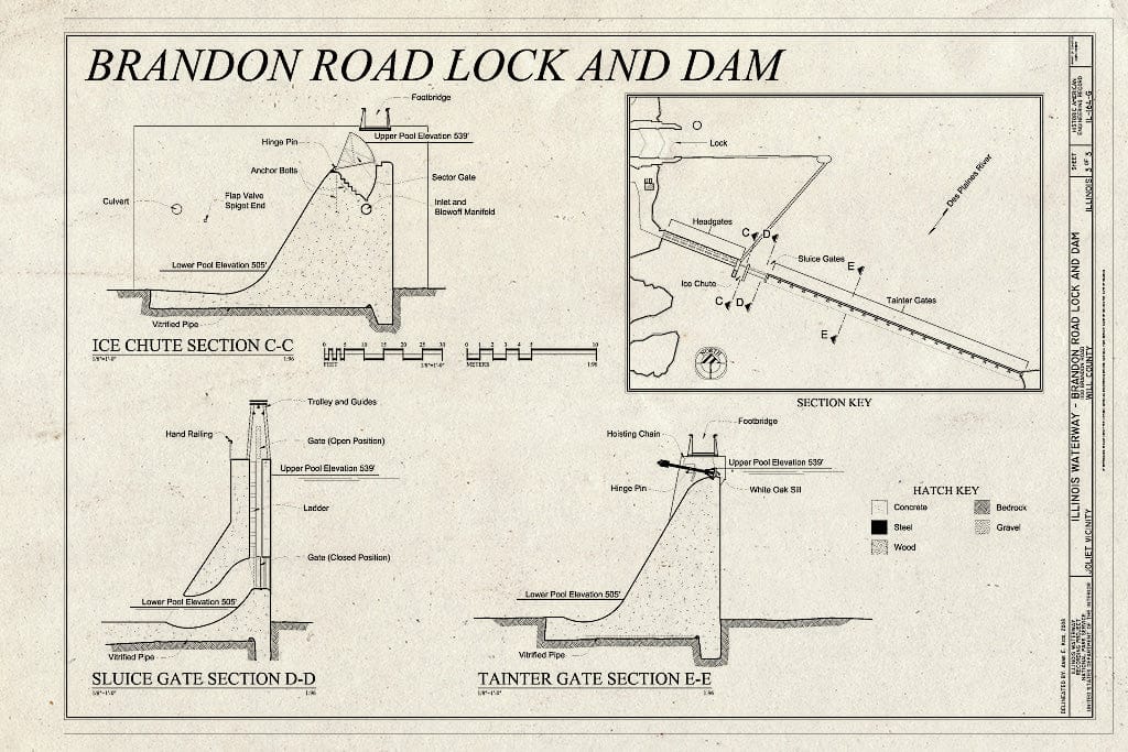 Blueprint Ice Chute Section CC, Sluice Gate Section DD, Tainter Gate Section EE - Illinois Waterway, Brandon Road Lock and Dam, 1100 Brandon Road, Joliet, Will County, IL