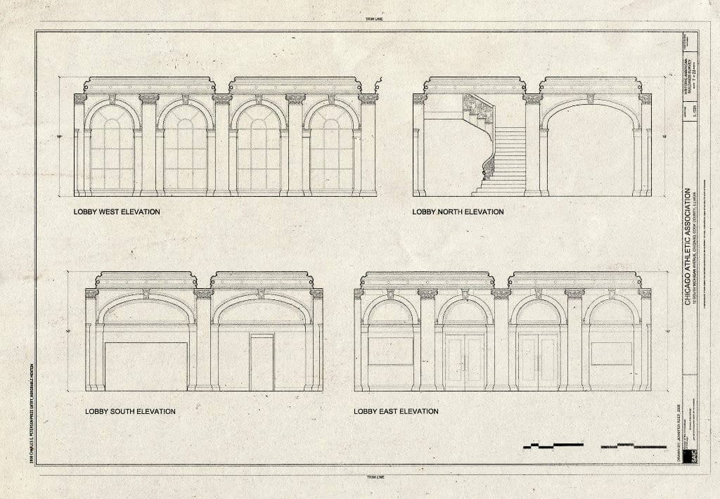 Blueprint Lobby elevations - Chicago Athletic Association, 12 South Michigan Avenue, Chicago, Cook County, IL
