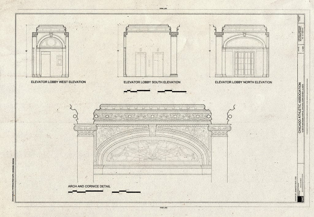 Blueprint Lobby Elevation & Arch and Cornice Detail - Chicago Athletic Association, 12 South Michigan Avenue, Chicago, Cook County, IL