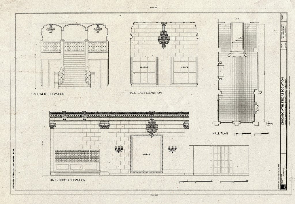 Blueprint Hall elevations and Plan - Chicago Athletic Association, 12 South Michigan Avenue, Chicago, Cook County, IL
