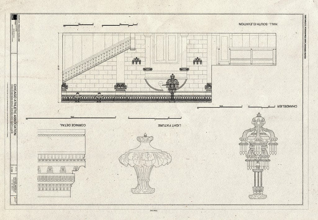 Blueprint Hall South Elevation, Chandelier, Light Fixture & Cornice Detail - Chicago Athletic Association, 12 South Michigan Avenue, Chicago, Cook County, IL