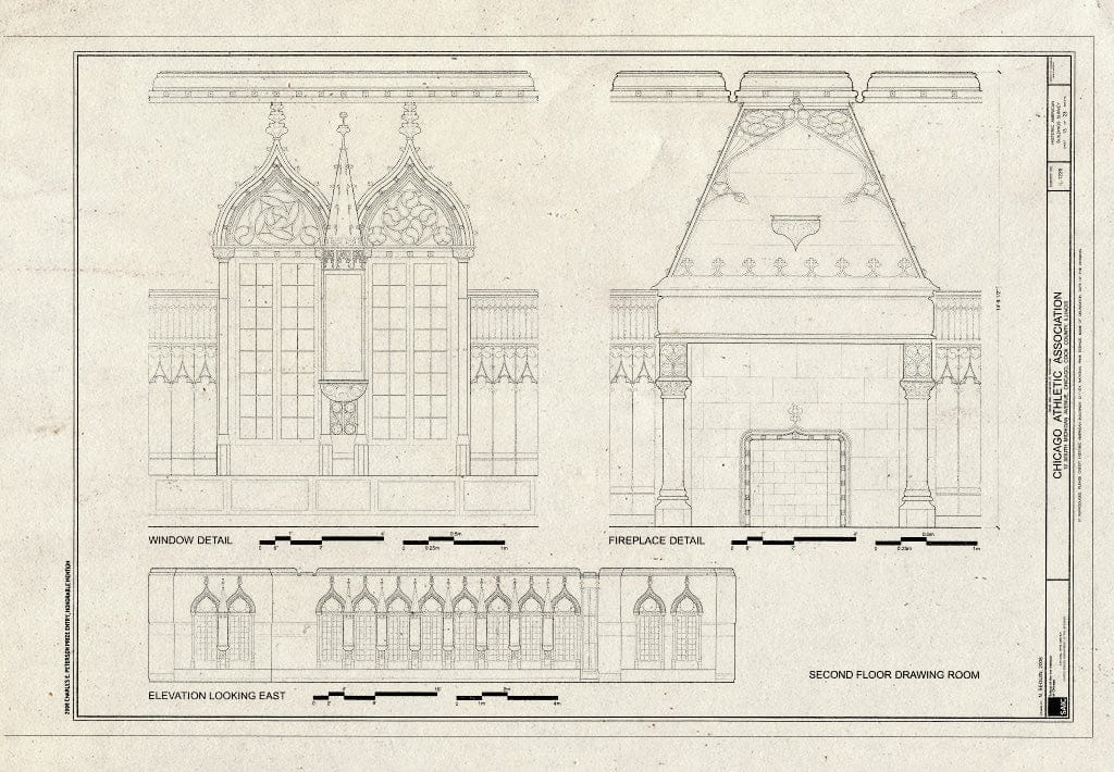 Blueprint Second floor drawing room including elevations, window details, and fireplace details - Chicago Athletic Association, 12 South Michigan Avenue, Chicago, Cook County, IL