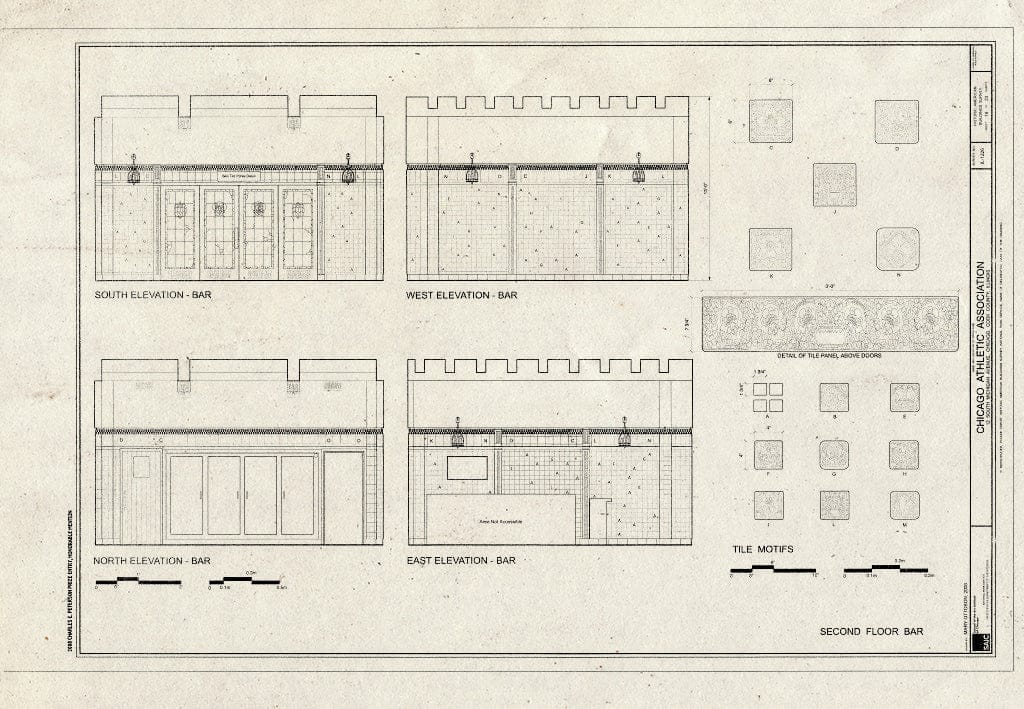 Blueprint Second Floor bar Including elevations and Tile Motifs - Chicago Athletic Association, 12 South Michigan Avenue, Chicago, Cook County, IL