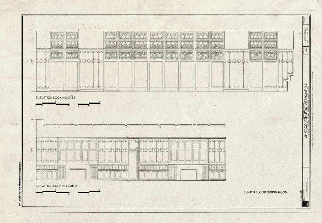 Blueprint Eighth Floor Dining Room elevations - Chicago Athletic Association, 12 South Michigan Avenue, Chicago, Cook County, IL