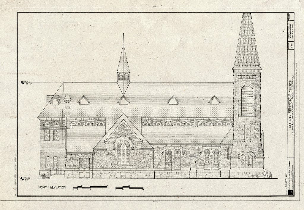 Blueprint North Elevation - Pullman Greenstone Church, 11211 South St. Lawrence Avenue, Chicago, Cook County, IL