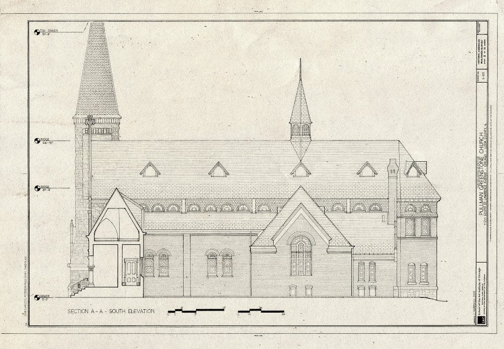 Blueprint Section, South Elevation - Pullman Greenstone Church, 11211 South St. Lawrence Avenue, Chicago, Cook County, IL
