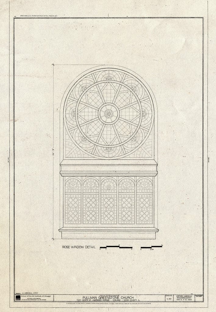 Blueprint Rose Window Detail - Pullman Greenstone Church, 11211 South St. Lawrence Avenue, Chicago, Cook County, IL
