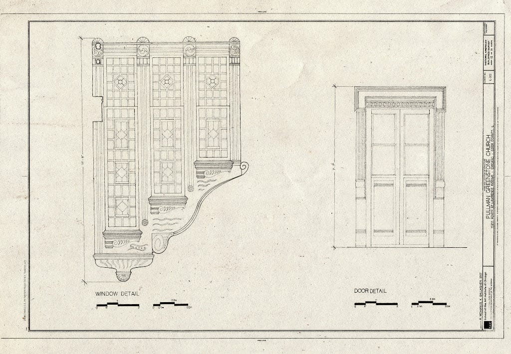Blueprint Window Detail and Door Detail - Pullman Greenstone Church, 11211 South St. Lawrence Avenue, Chicago, Cook County, IL