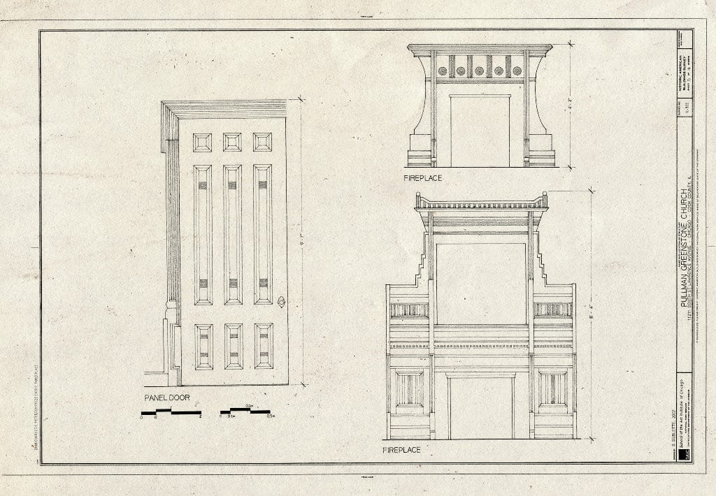 Blueprint Panel Door, and fireplaces - Pullman Greenstone Church, 11211 South St. Lawrence Avenue, Chicago, Cook County, IL