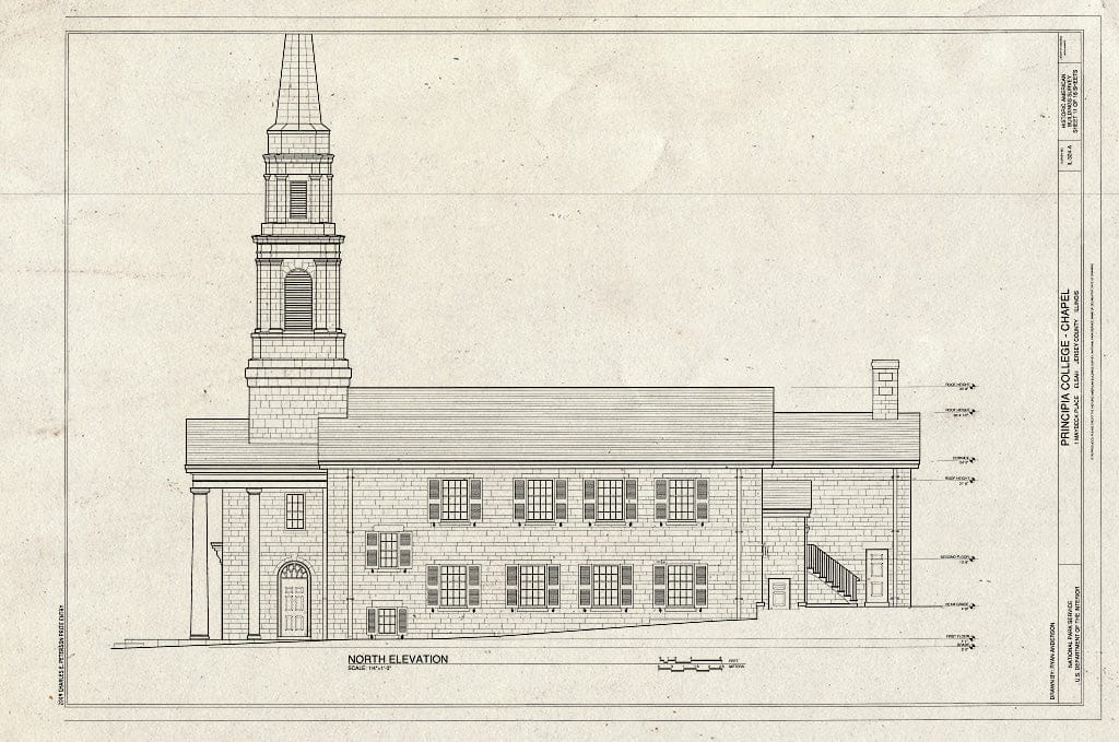 Blueprint North Elevation - Principia College, Chapel, 1 Maybeck Place, Elsah, Jersey County, IL