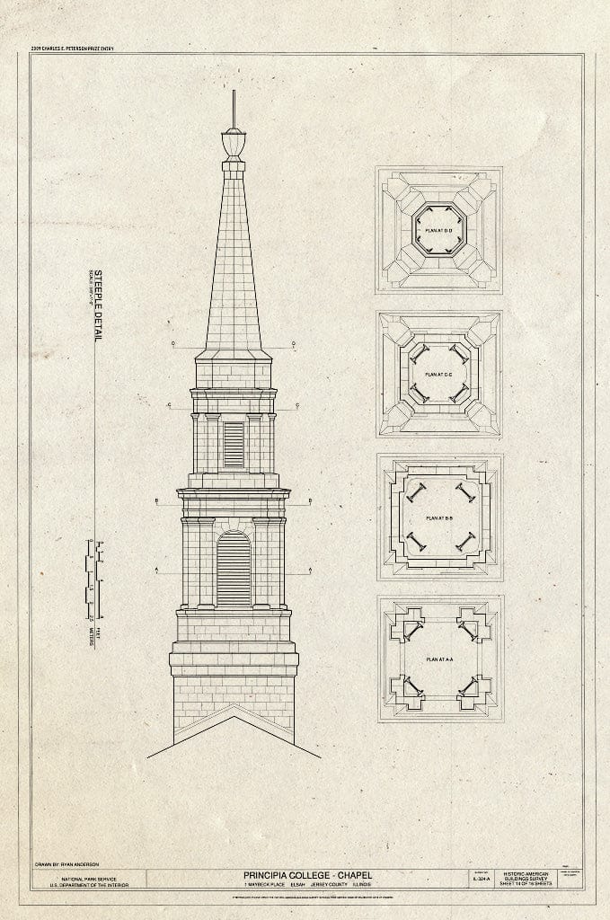 Blueprint Steeple Detail - Principia College, Chapel, 1 Maybeck Place, Elsah, Jersey County, IL