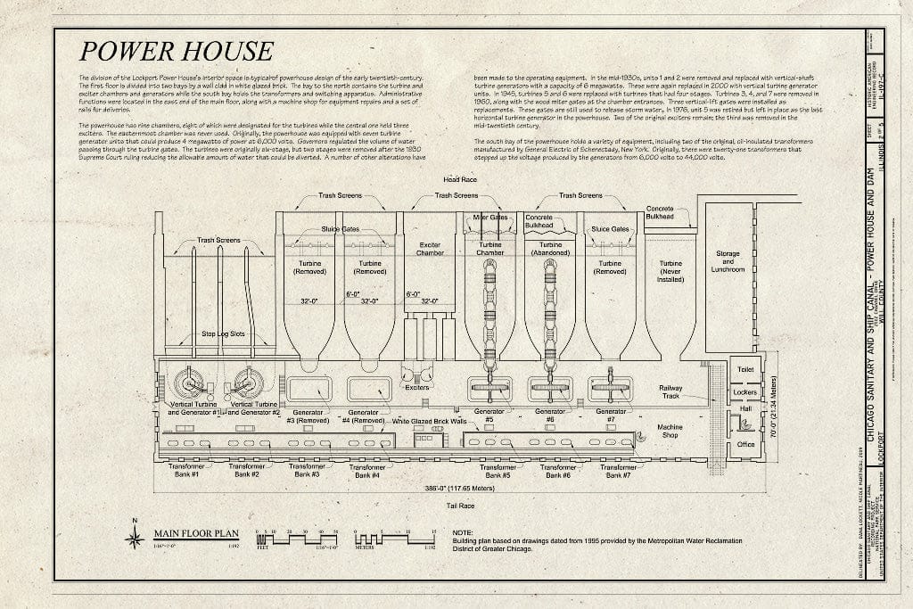 Blueprint Power House, Main Floor Plan - Chicago Sanitary and Ship Canal, Lockport Power House and Dam, 2502 Channel Drive, Lockport, Will County, IL