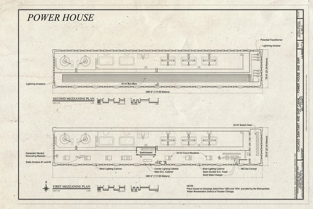 Blueprint Power House, Second Mezzanine Plan, First Mezzanine Plan - Chicago Sanitary and Ship Canal, Lockport Power House and Dam, 2502 Channel Drive, Lockport, Will County, IL