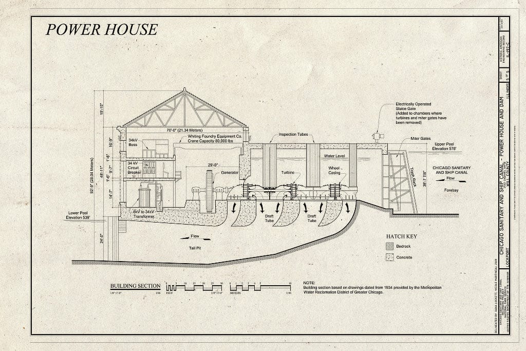 Blueprint Power House, Building Section - Chicago Sanitary and Ship Canal, Lockport Power House and Dam, 2502 Channel Drive, Lockport, Will County, IL