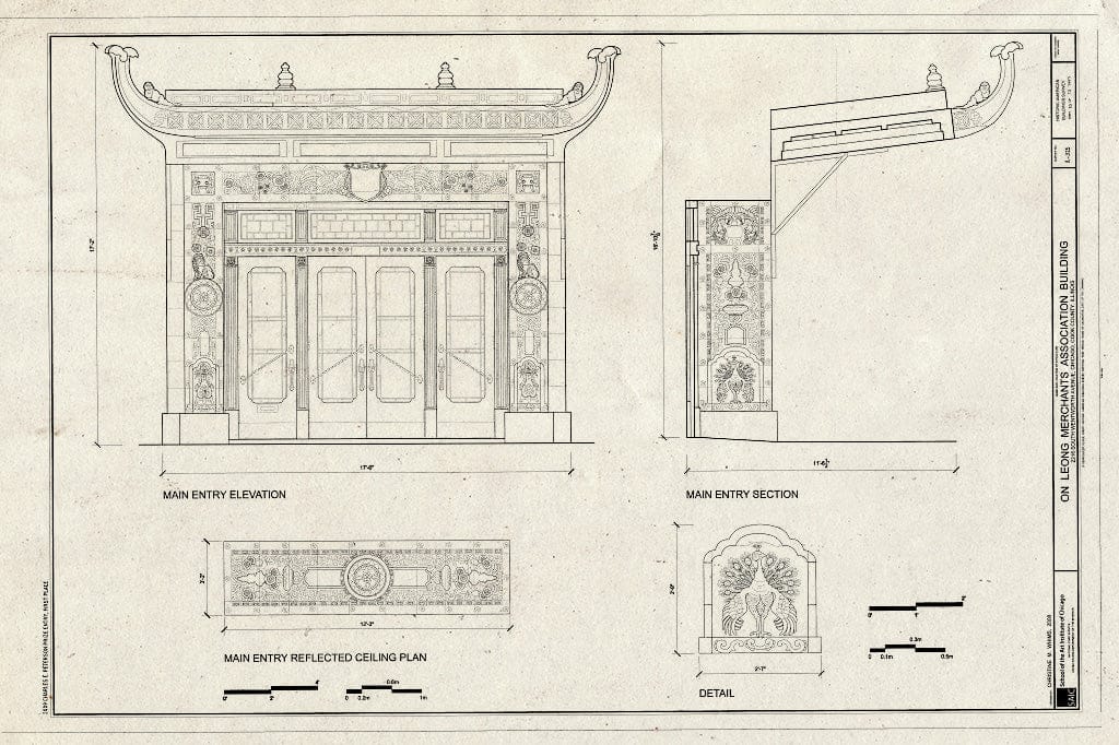 Blueprint Main Entry Elevation, Reflected Ceiling Plan, Section - On Leong Merchants Association, 2216 South Wentworth Avenue, Chicago, Cook County, IL