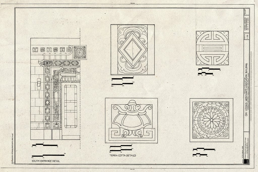 Blueprint South Entrance Detail & Terra Cotta Details - On Leong Merchants Association, 2216 South Wentworth Avenue, Chicago, Cook County, IL