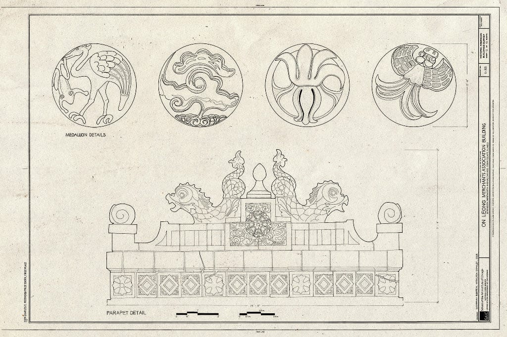 Blueprint Parapet & Medallion Details - On Leong Merchants Association, 2216 South Wentworth Avenue, Chicago, Cook County, IL