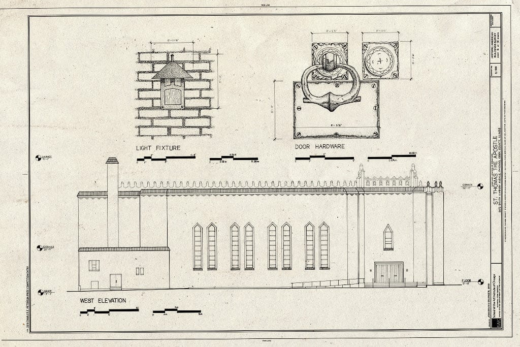 Blueprint West Elevation and Details of Light Fixture and Door Hardware - St. Thomas The Apostle Church, 5472 South Kimbark Avenue, Chicago, Cook County, IL