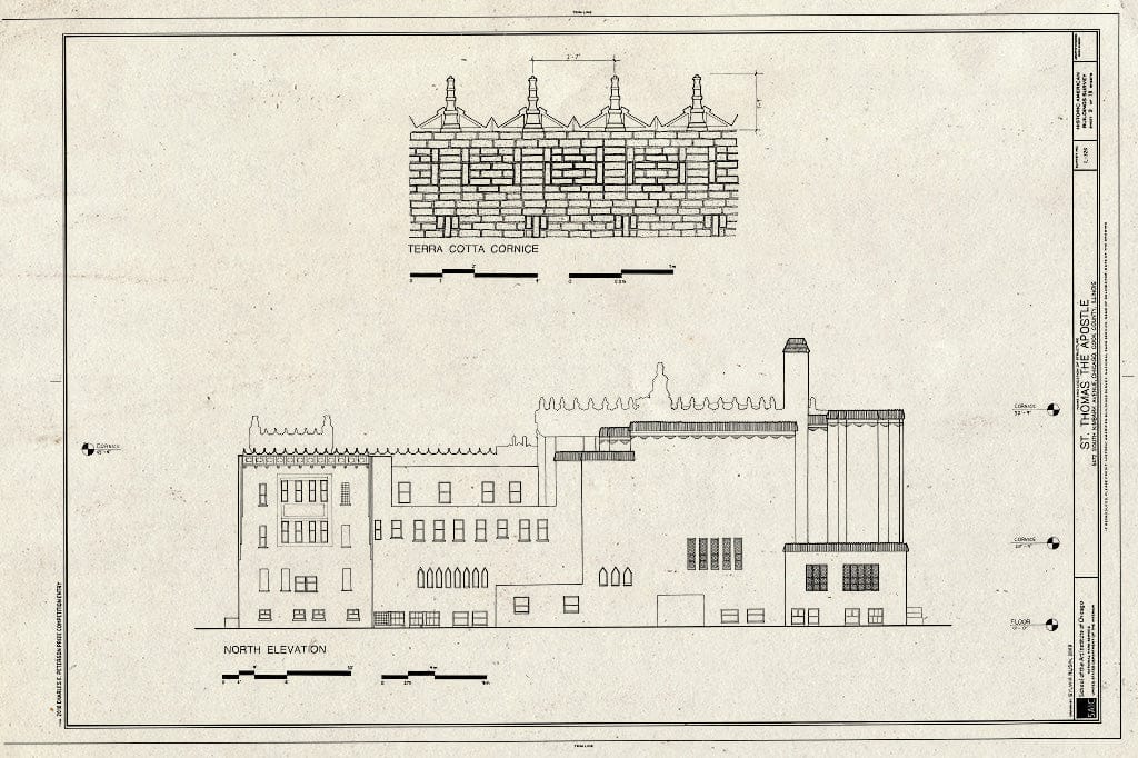Blueprint North Elevation and Detail of Terra Cotta Cornice - St. Thomas The Apostle Church, 5472 South Kimbark Avenue, Chicago, Cook County, IL
