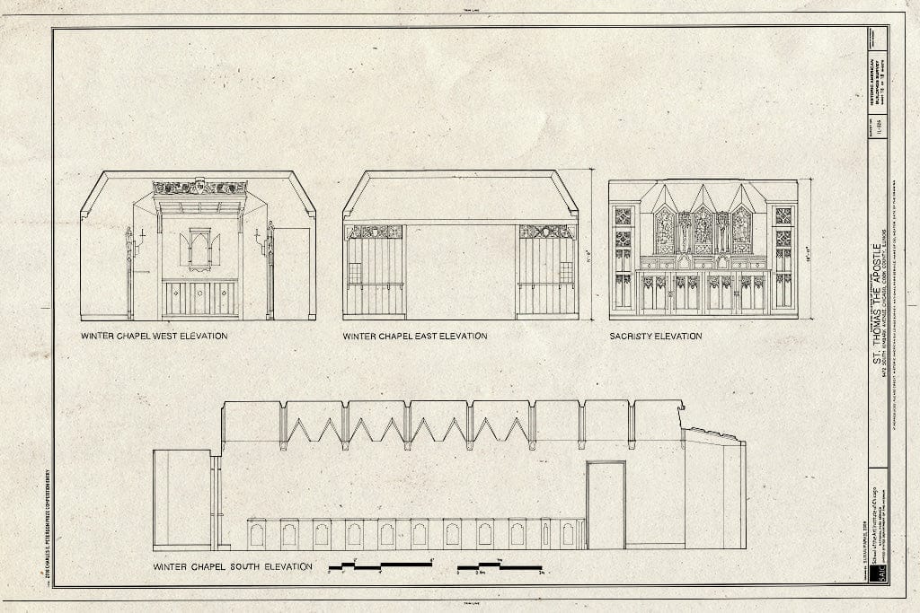 Blueprint Winter Chapel West, East, and South Elevations and Sacristy Elevation - St. Thomas The Apostle Church, 5472 South Kimbark Avenue, Chicago, Cook County, IL
