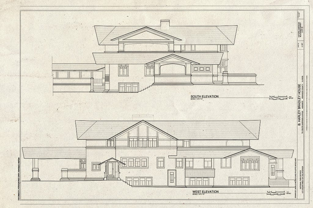 Blueprint South and West Elevations - B. Harley Bradley House, 701 South Harrison Avenue, Kankakee, Kankakee County, IL