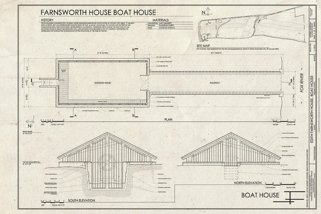 Blueprint Site Maps, Plan, and North & South Elevations - Edith Farnsworth House, Boat House, 14520 River Road, Plano, Kendall County, IL
