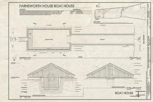 Blueprint Site Maps, Plan, and North & South Elevations - Edith Farnsworth House, Boat House, 14520 River Road, Plano, Kendall County, IL