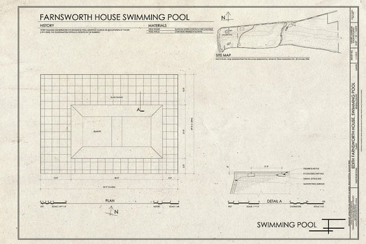 Blueprint Site Map, Plan, and Detail - Edith Farnsworth House, Swimming Pool, 14520 River Road, Plano, Kendall County, IL