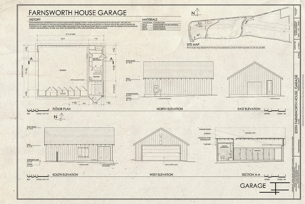 Blueprint Site Map, Floor Plan, Elevations, and Sections - Edith Farnsworth House, Garage, 14520 River Road, Plano, Kendall County, IL